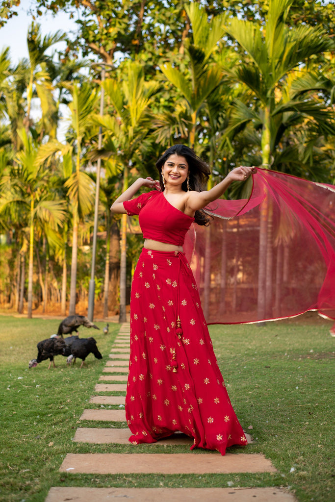 Women's Red one shoulder Lehenga
