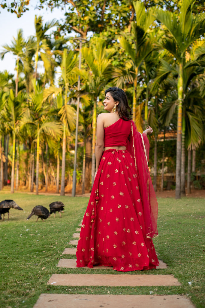 Women's Red one shoulder Lehenga