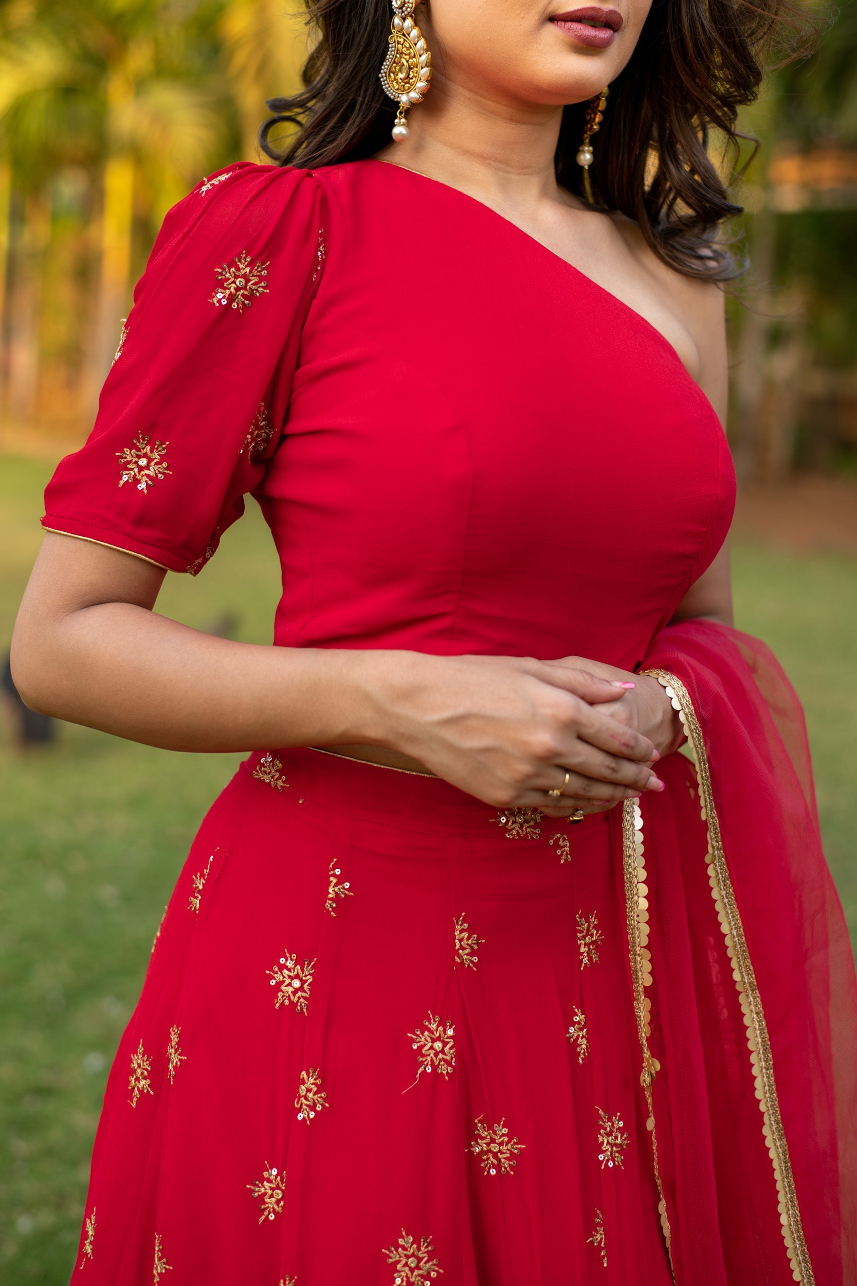 Women's Red one shoulder Lehenga - Label Shaurya Sanadhya