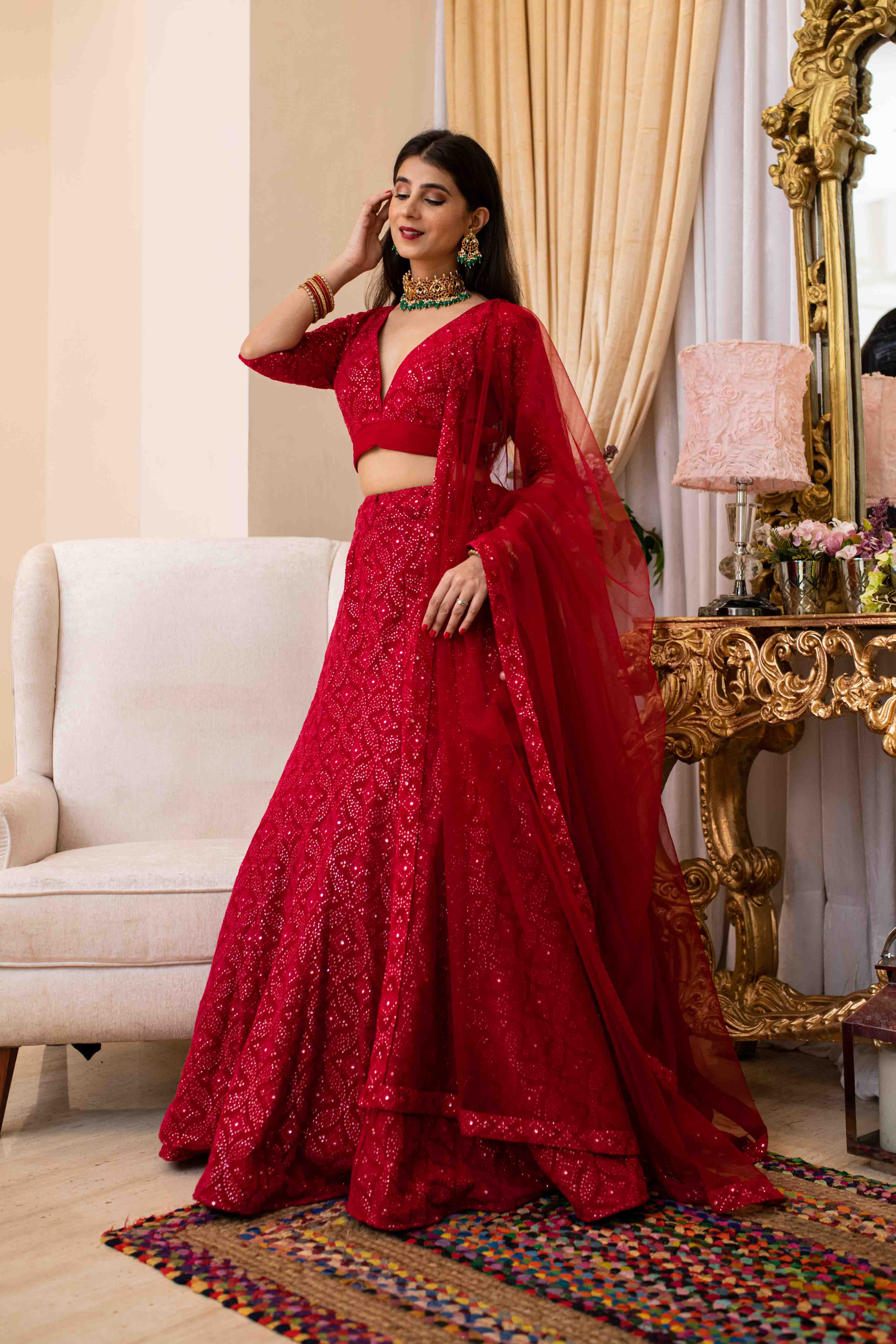 Women's Bridal Red Heavy Thread Work Lehenga - Label Shaurya Sanadhya