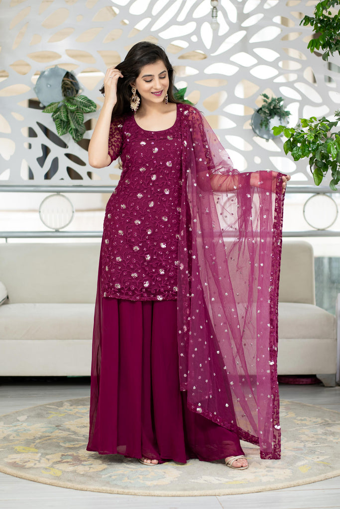 Women's Wine Thread Work Kurta With Palazzo Set (3pc Set)