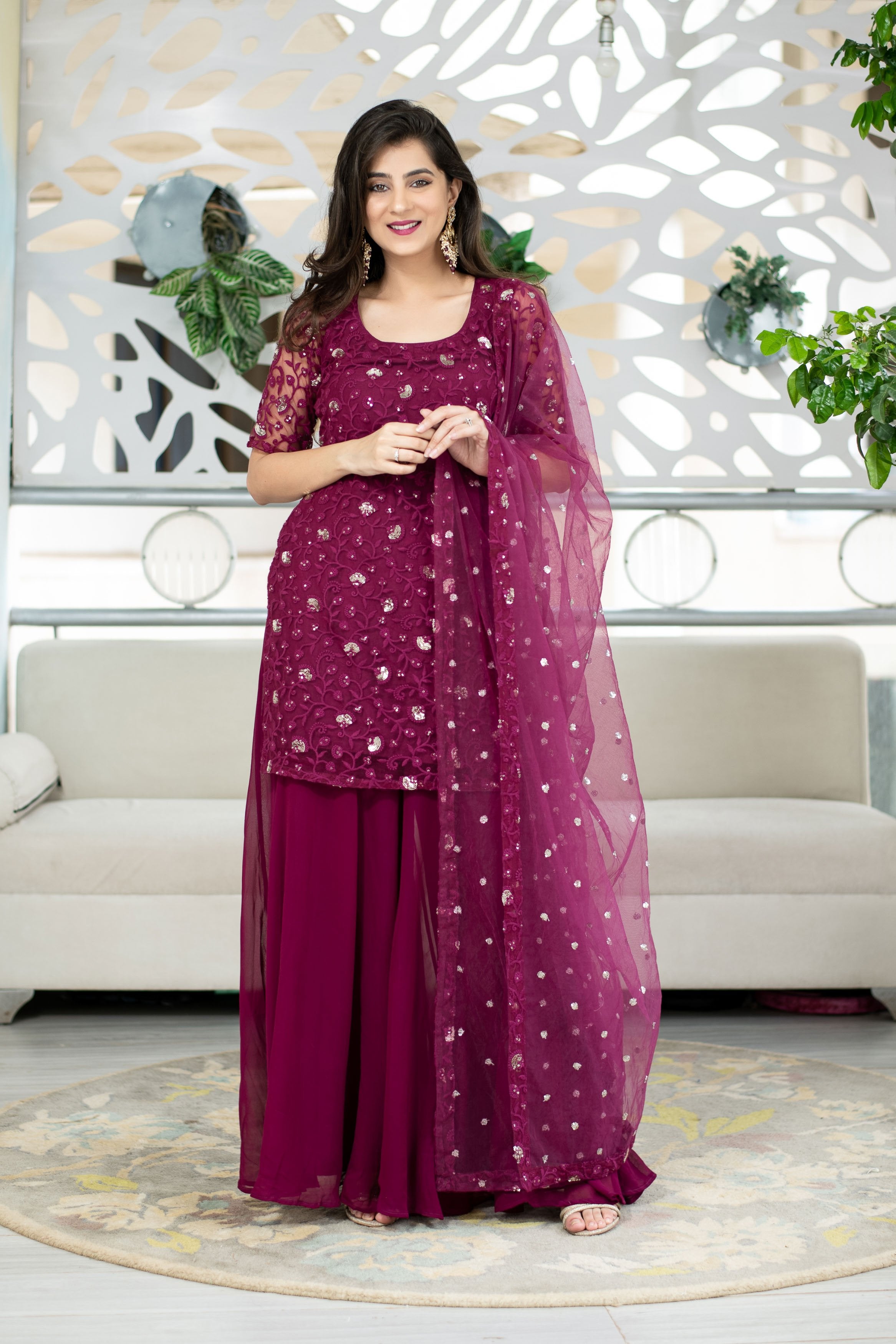 Women's Wine Thread Work Kurta With Palazzo Set (3pc Set)