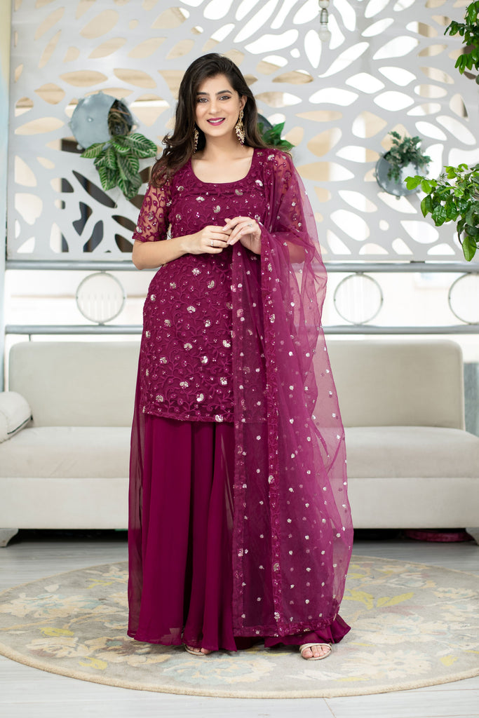 Women's Wine Thread Work Kurta With Palazzo Set (3pc Set)
