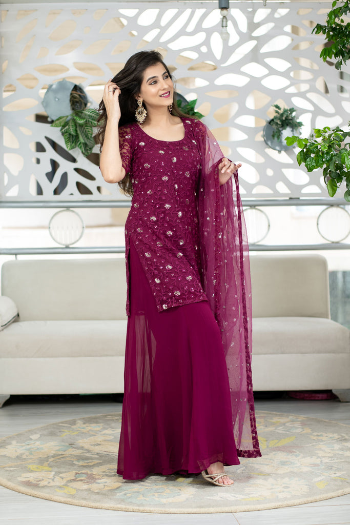 Women's Wine Thread Work Kurta With Palazzo Set (3pc Set)