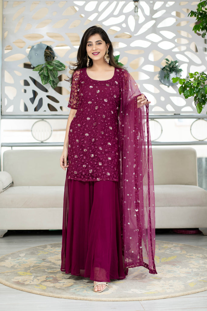 Women's Wine Thread Work Kurta With Palazzo Set (3pc Set)