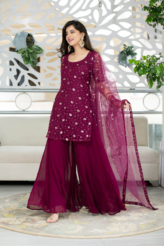 Women's Wine Thread Work Kurta With Palazzo Set (3pc Set)