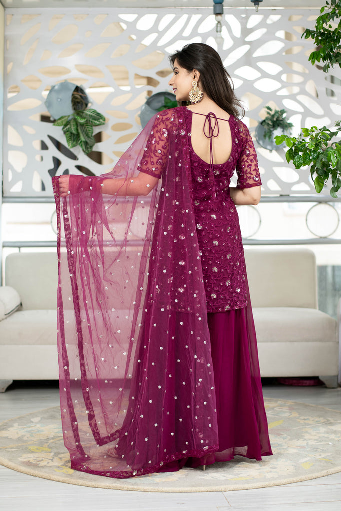 Women's Wine Thread Work Kurta With Palazzo Set (3pc Set)