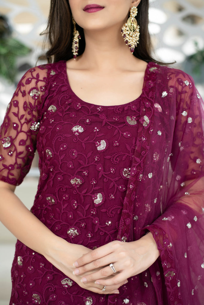Women's Wine Thread Work Kurta With Palazzo Set (3pc Set)