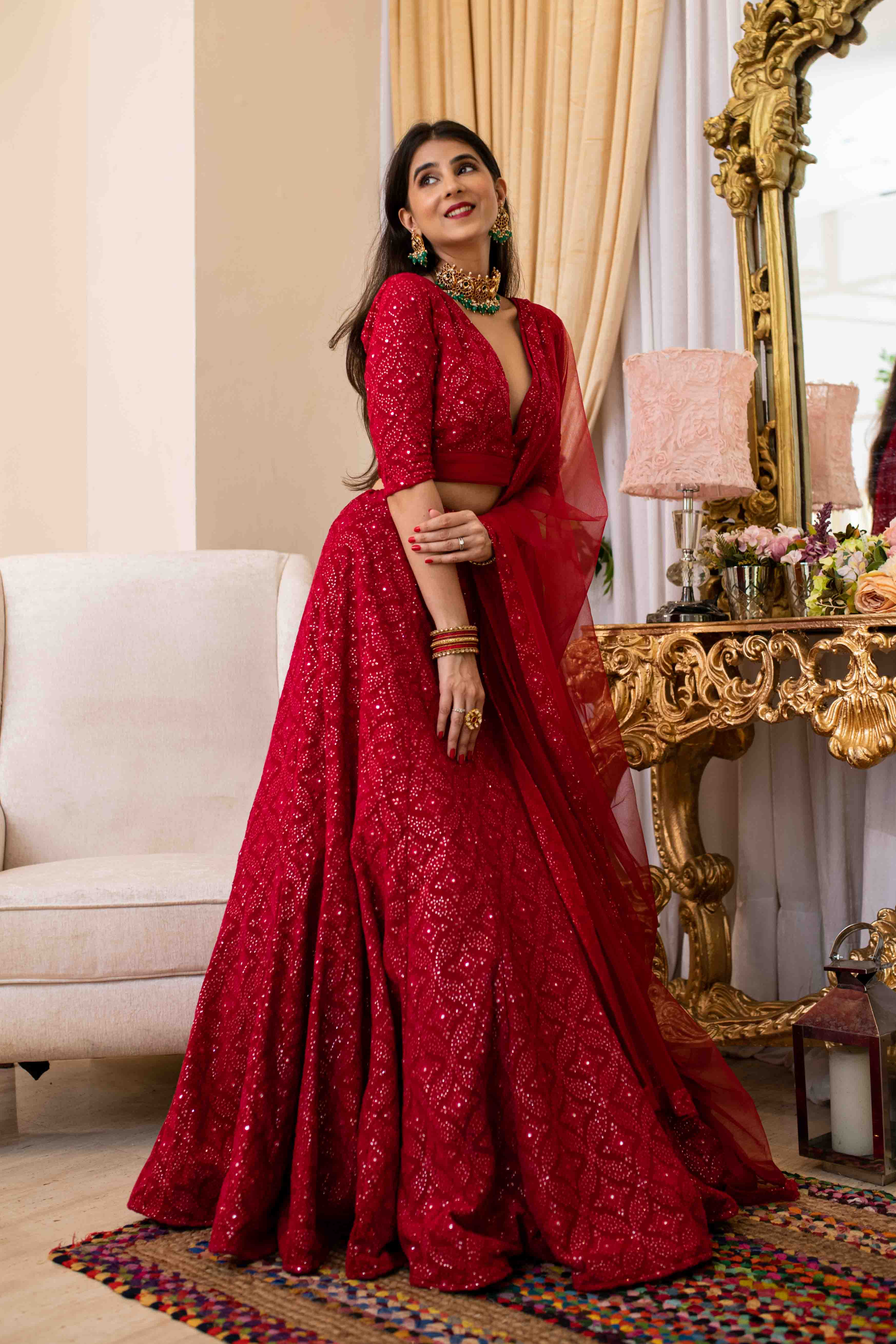Women's Bridal Red Heavy Thread Work Lehenga - Label Shaurya Sanadhya