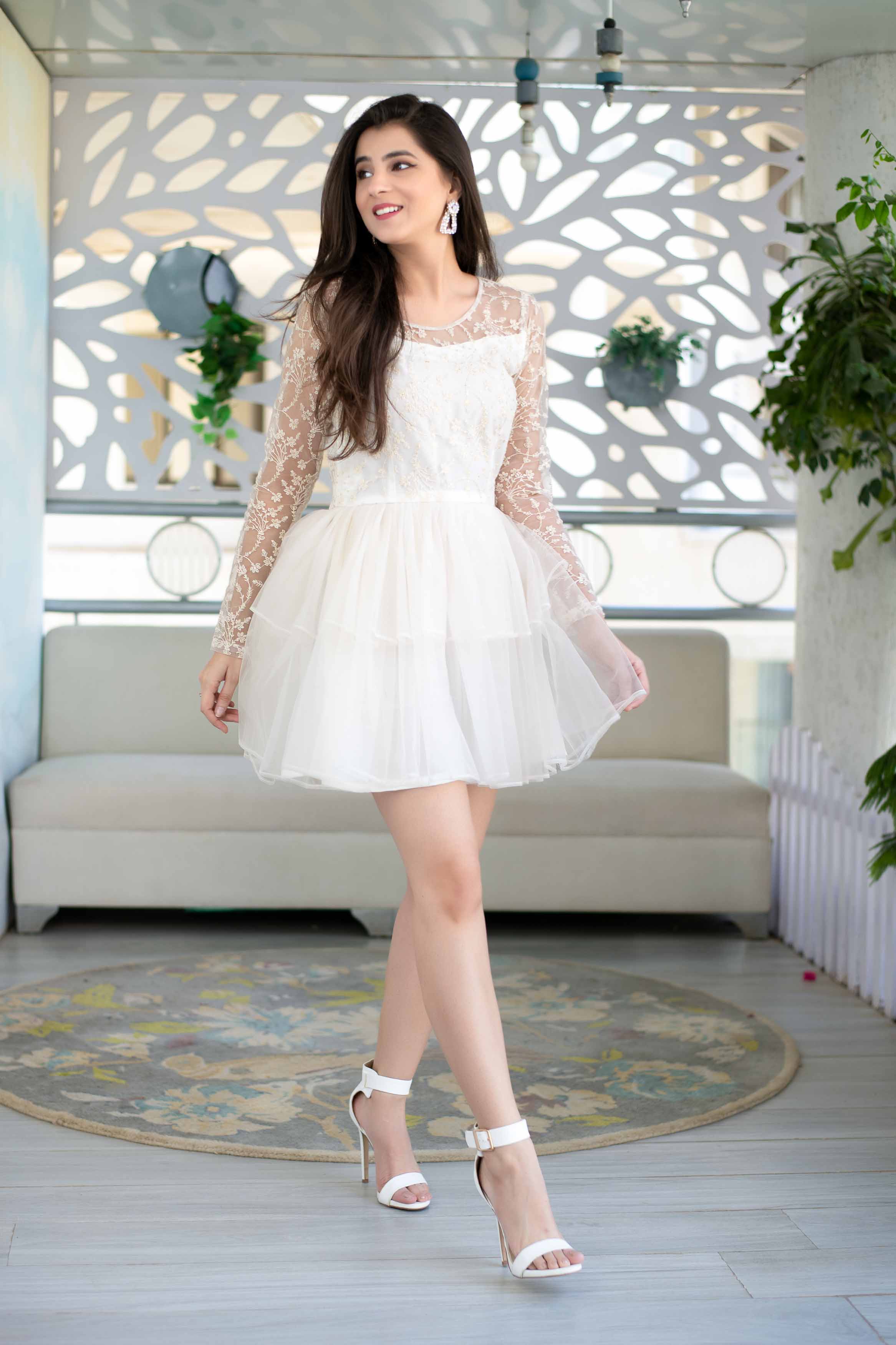 Women's Off White Ruffle Fit And Flare Short Dress (1pc) - Label Shaurya Sanadhya