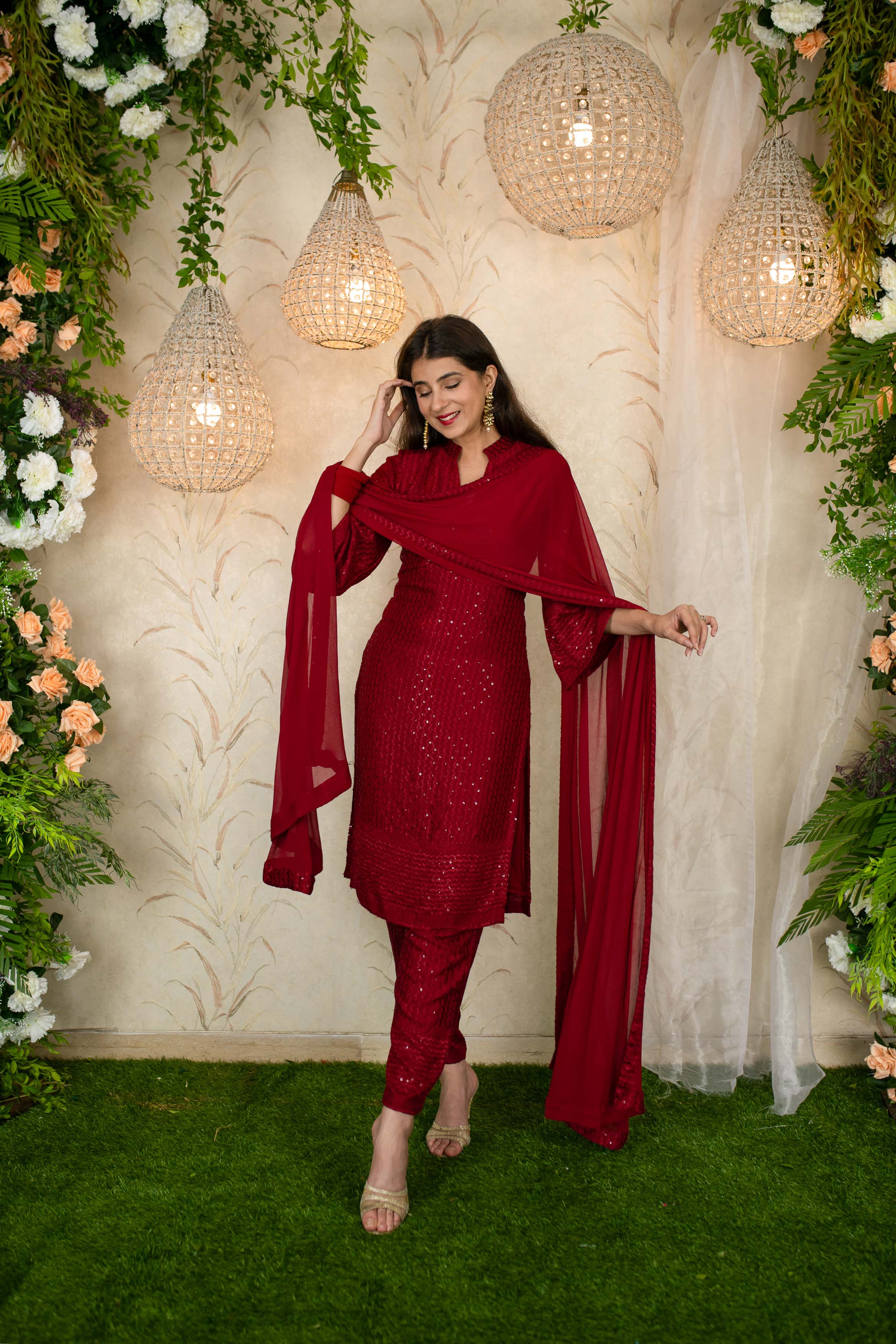 Women's Dark Red Thread Work Kurta