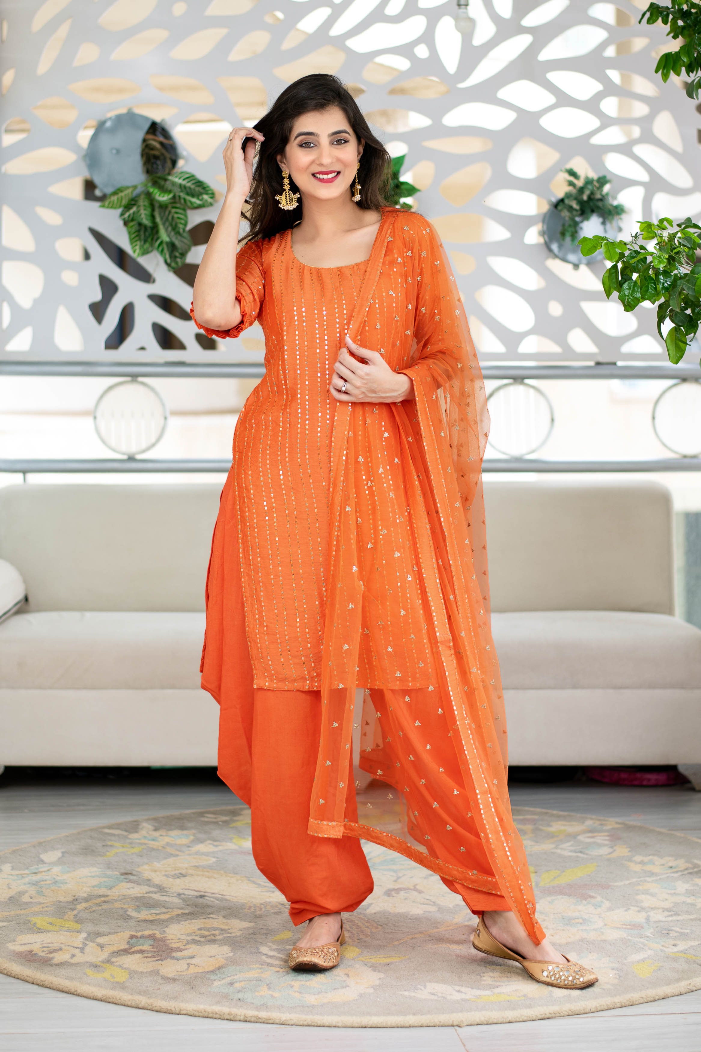 Women's Orange Chanderi Patialla (3pcs Set)