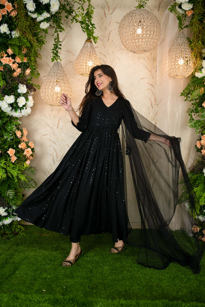 Women's Black Thread Work Anarkali Set