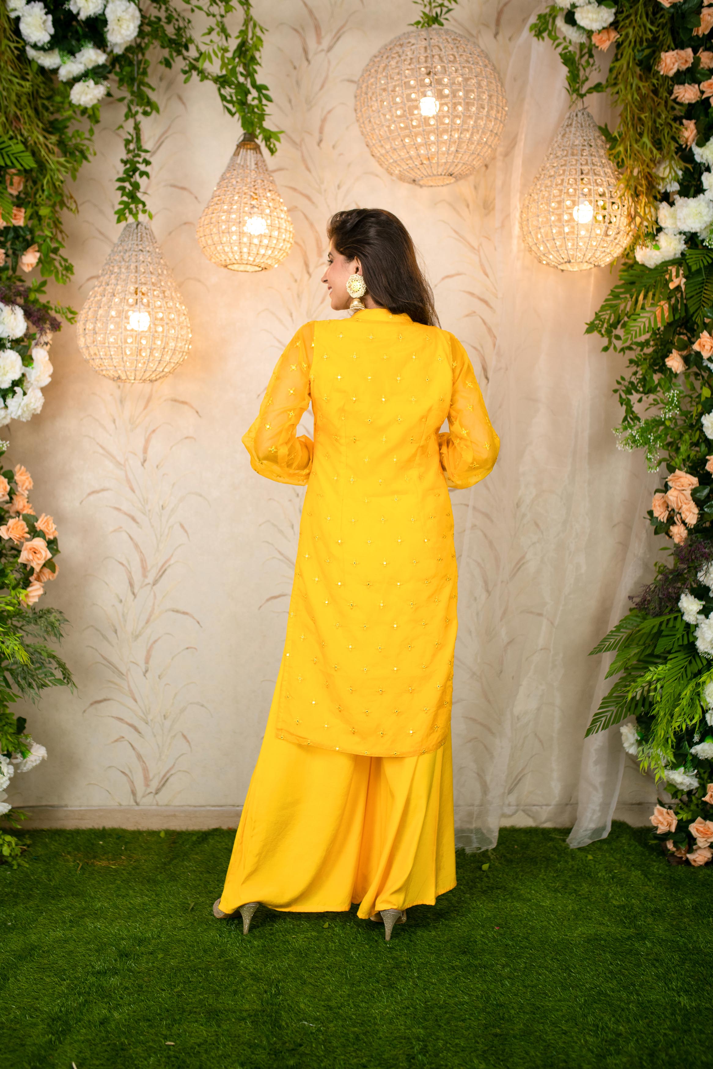 Women's Yellow Mirror Work Organza Kurta With palazzo - Label Shaurya Sanadhya