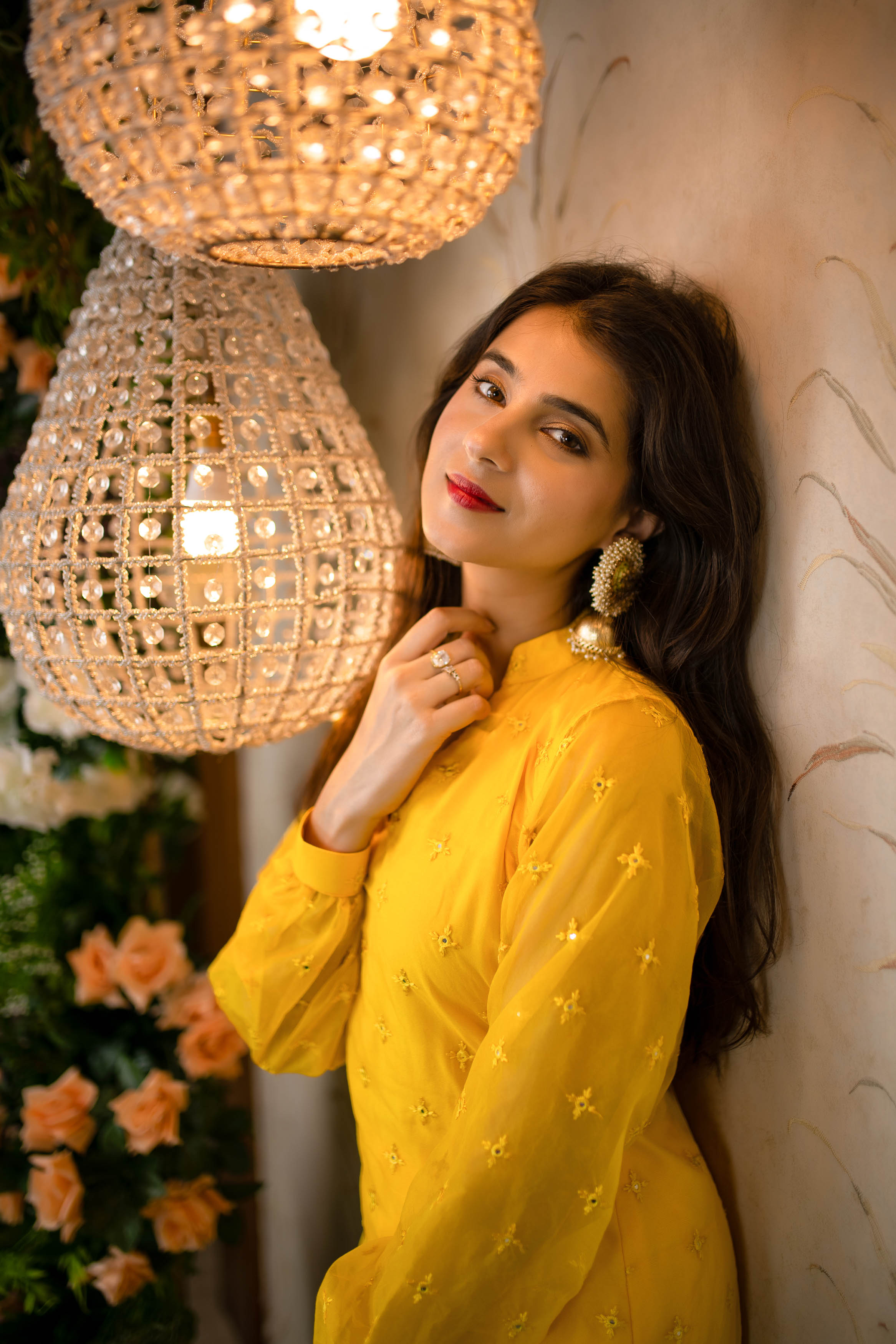 Women's Yellow Mirror Work Organza Kurta With palazzo