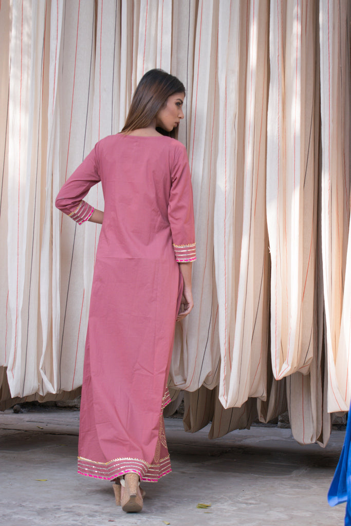 Women's Single-Piece Magenta Cotton Dress With Hand Block Printed Motifs.