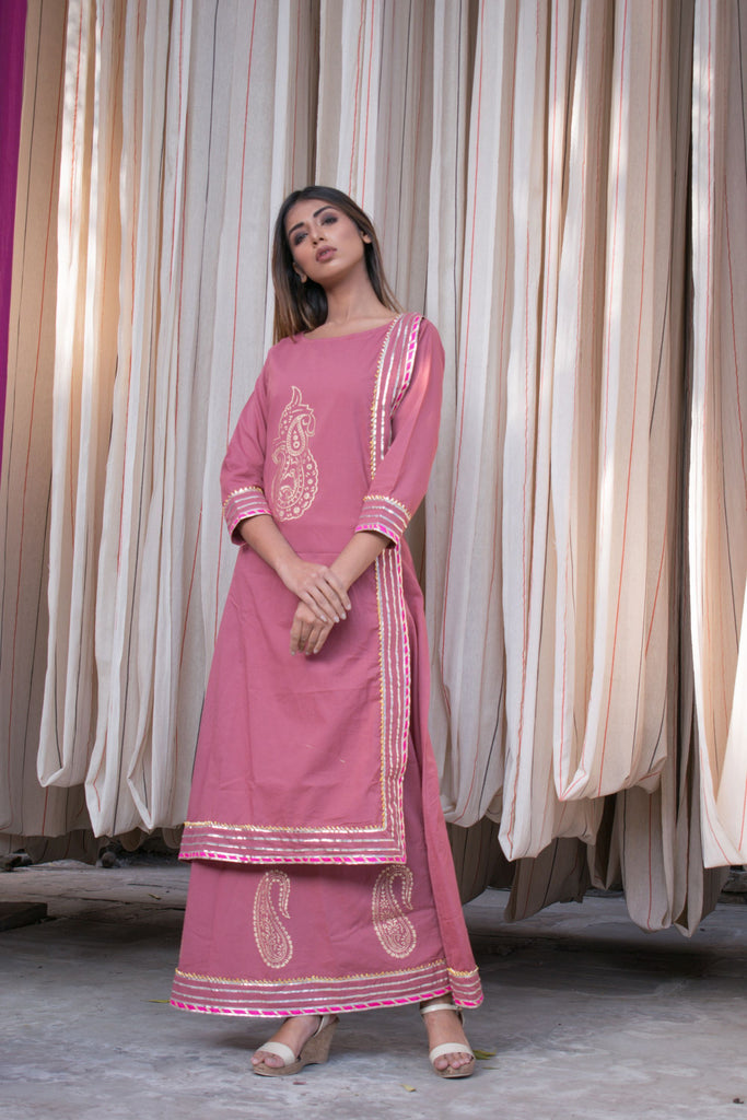 Women's Single-Piece Magenta Cotton Dress With Hand Block Printed Motifs.