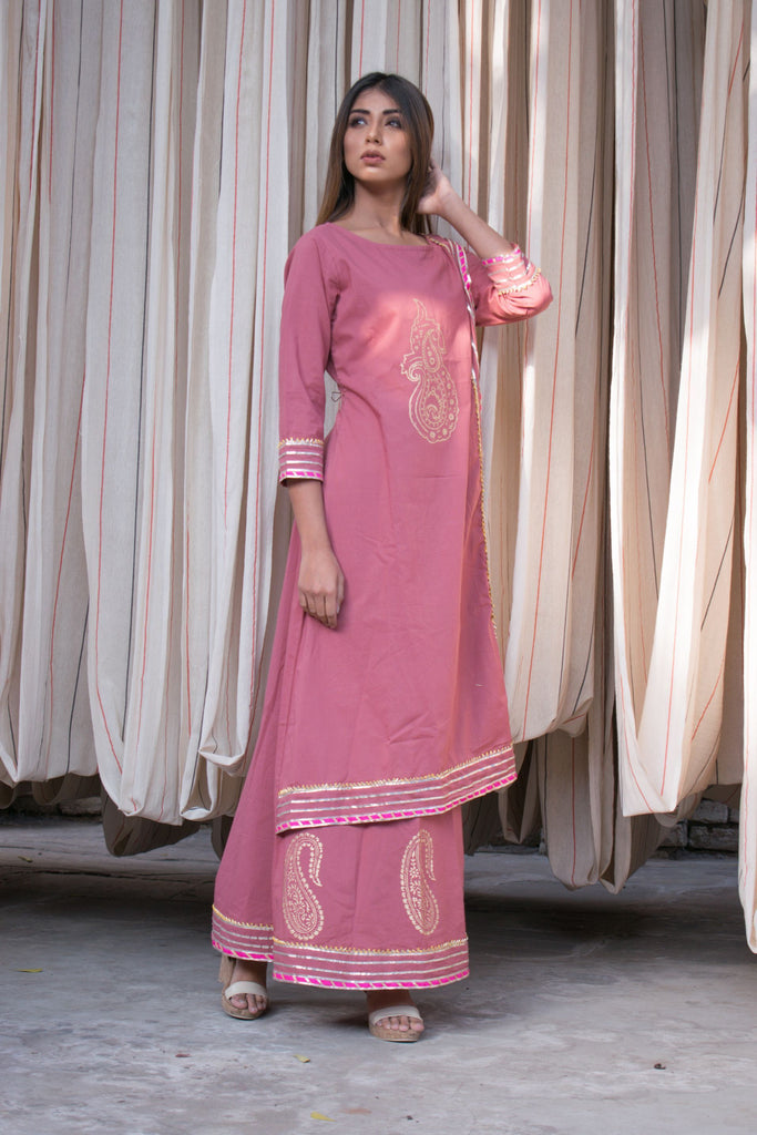 Women's Single-Piece Magenta Cotton Dress With Hand Block Printed Motifs.