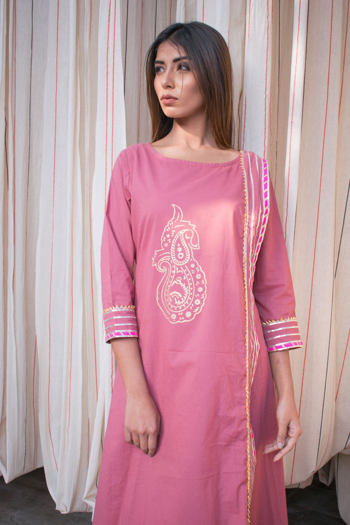 Women's Single-Piece Magenta Cotton Dress With Hand Block Printed Motifs.