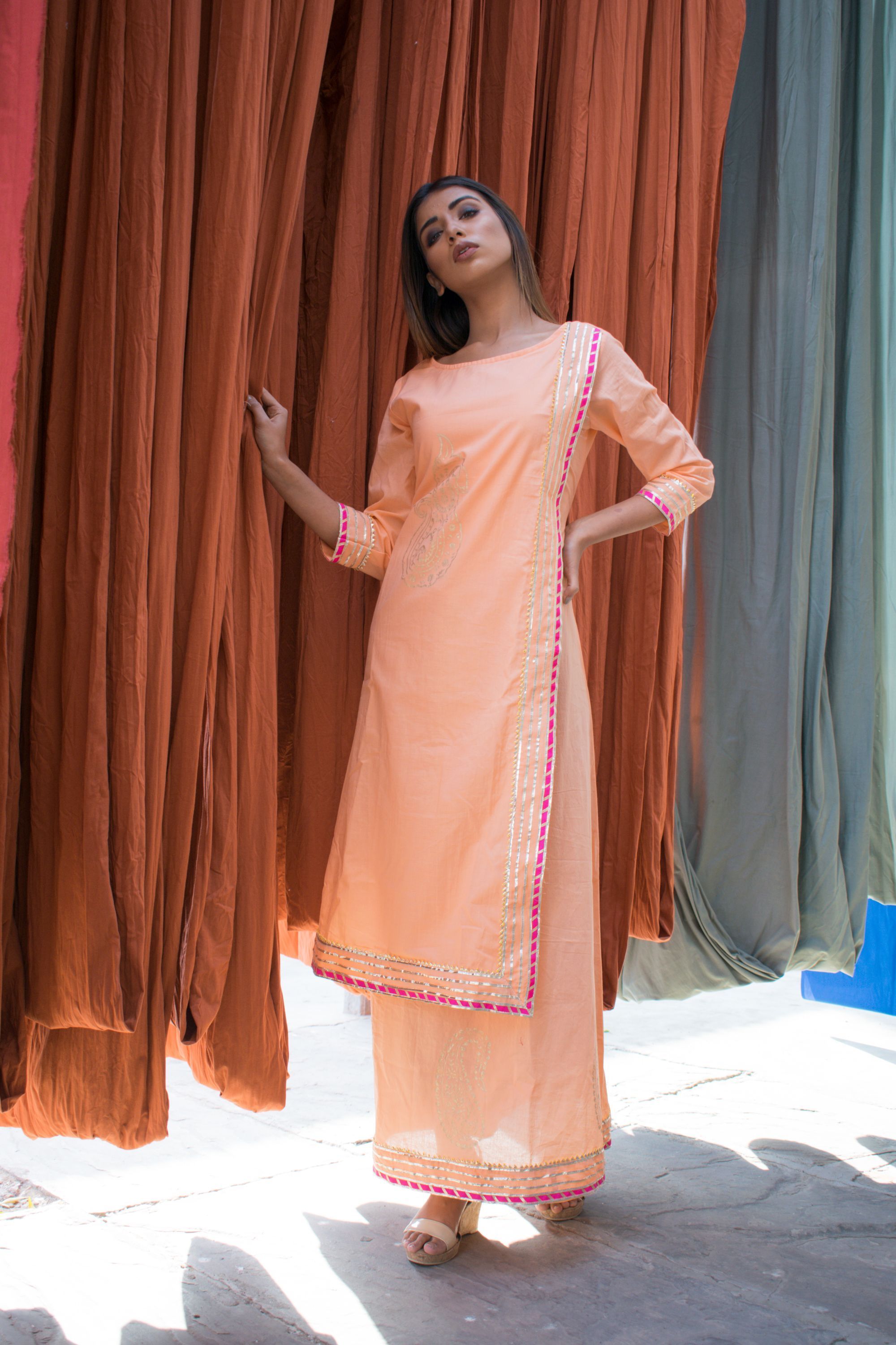 Women's Single-Piece Sandalwood Cotton Dress With Hand Block Printed Motifs. - Saras The Label
