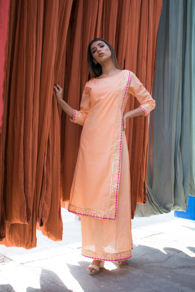 Women's Single-Piece Sandalwood Cotton Dress With Hand Block Printed Motifs.