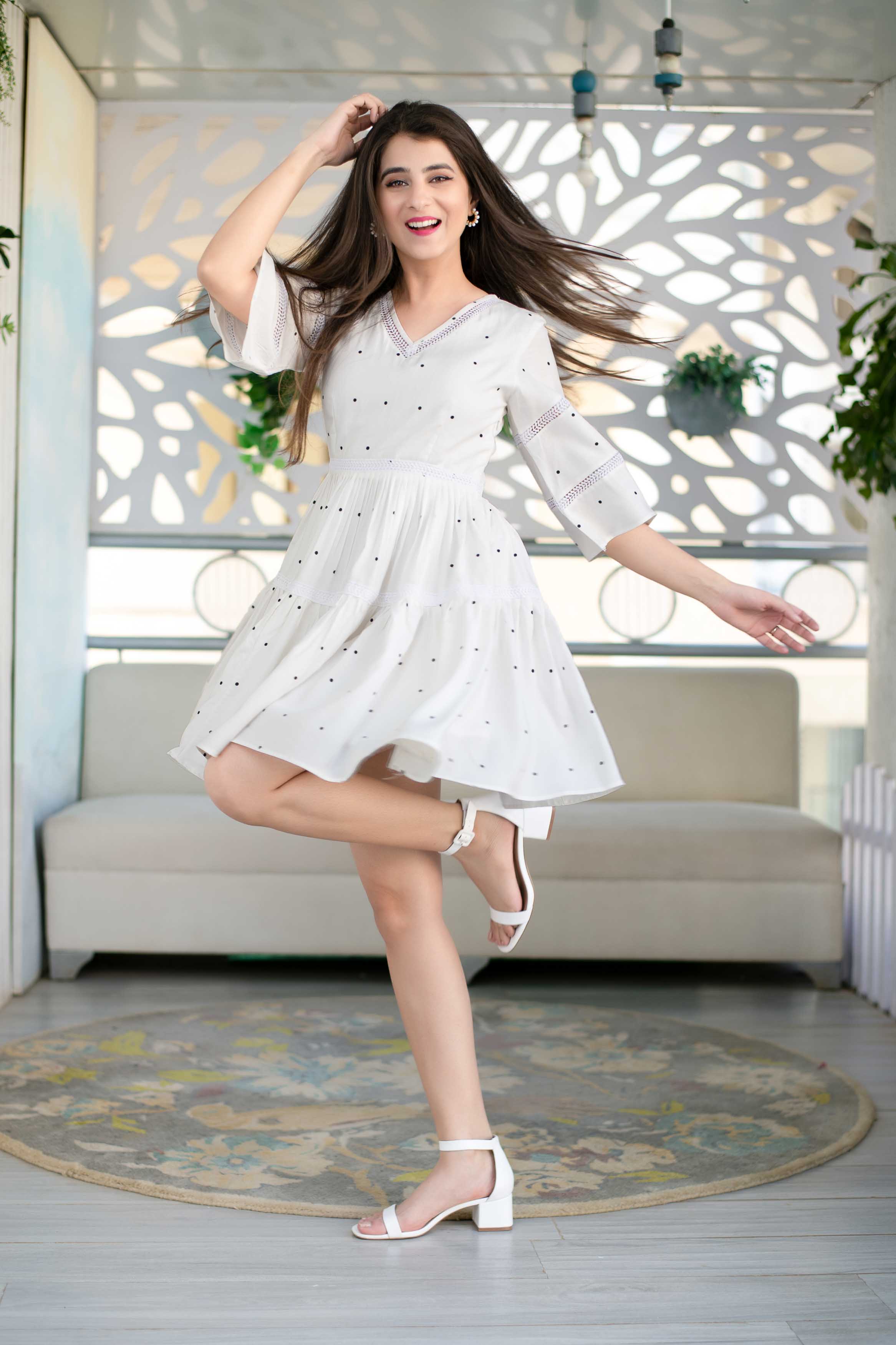 Women's White Polka Dot Ruffle Fit And Flare Short Dress (1pc) - Label Shaurya Sanadhya
