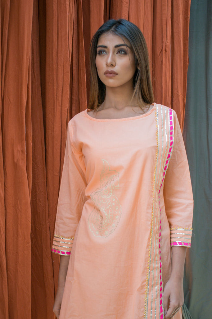 Women's Single-Piece Sandalwood Cotton Dress With Hand Block Printed Motifs.