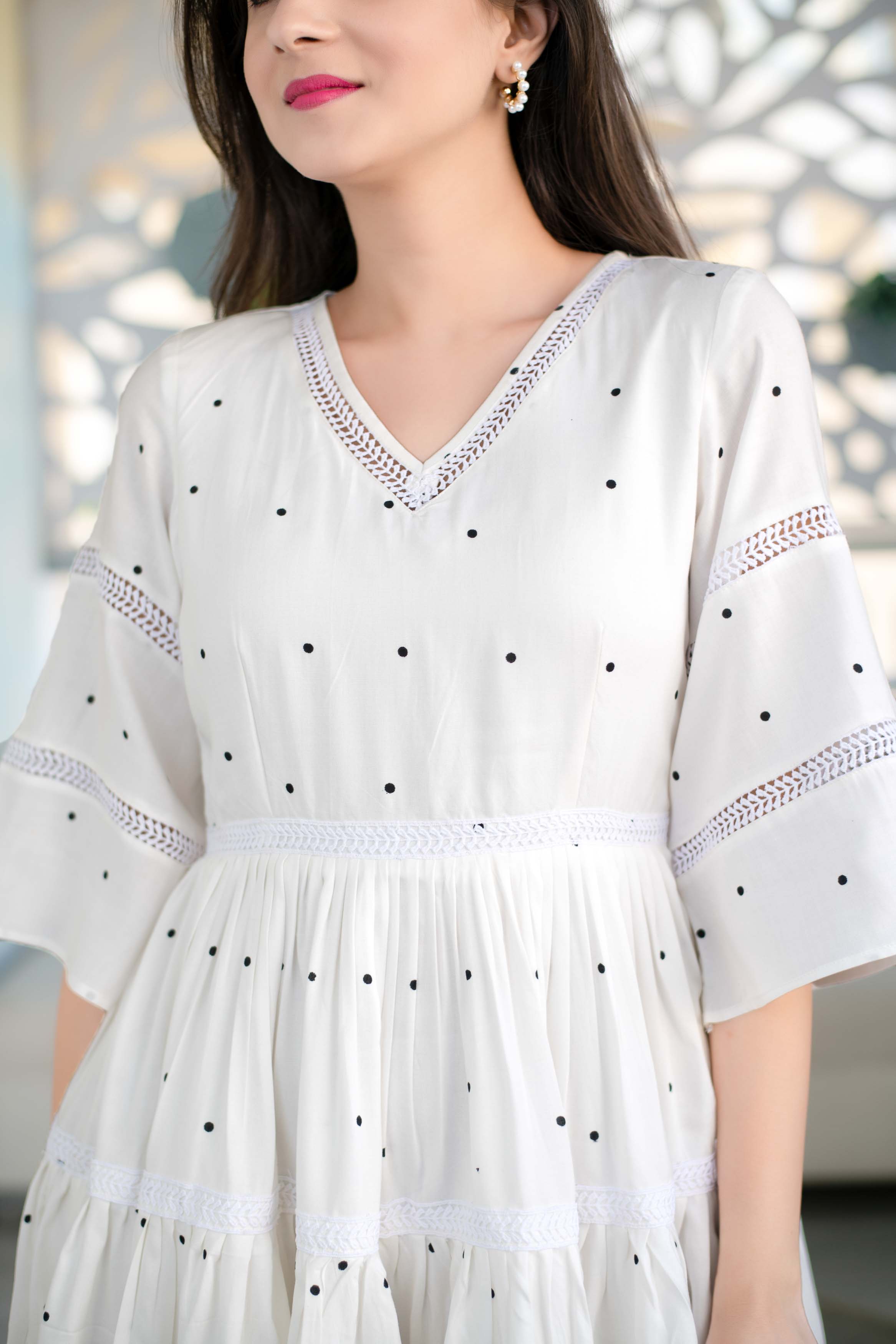 Women's White Polka Dot Ruffle Fit And Flare Short Dress (1pc) - Label Shaurya Sanadhya USA