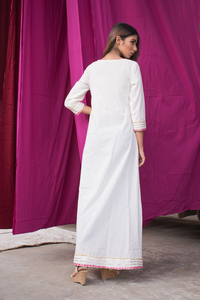 Women's Single-Piece White Cotton Dress With Hand Block Printed Motifs.