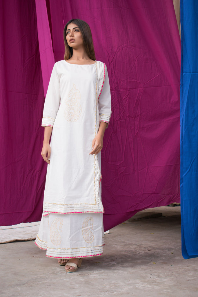 Women's Single-Piece White Cotton Dress With Hand Block Printed Motifs.