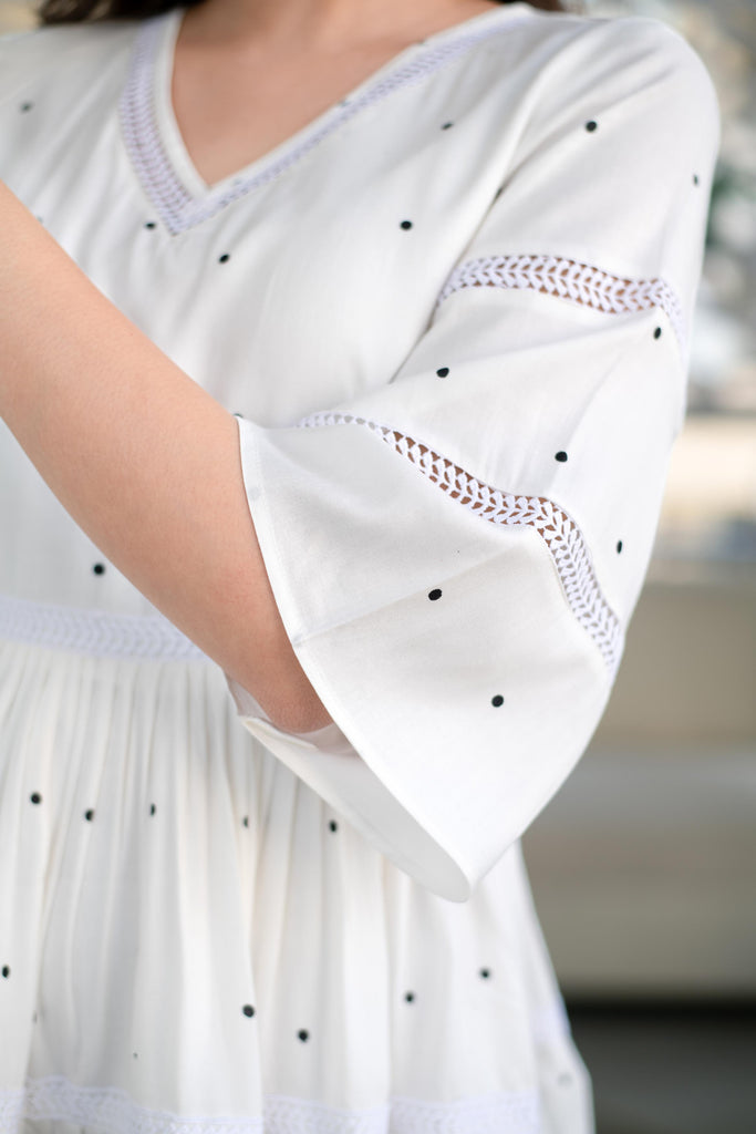 Women's White Polka Dot Ruffle Fit And Flare Short Dress (1pc)