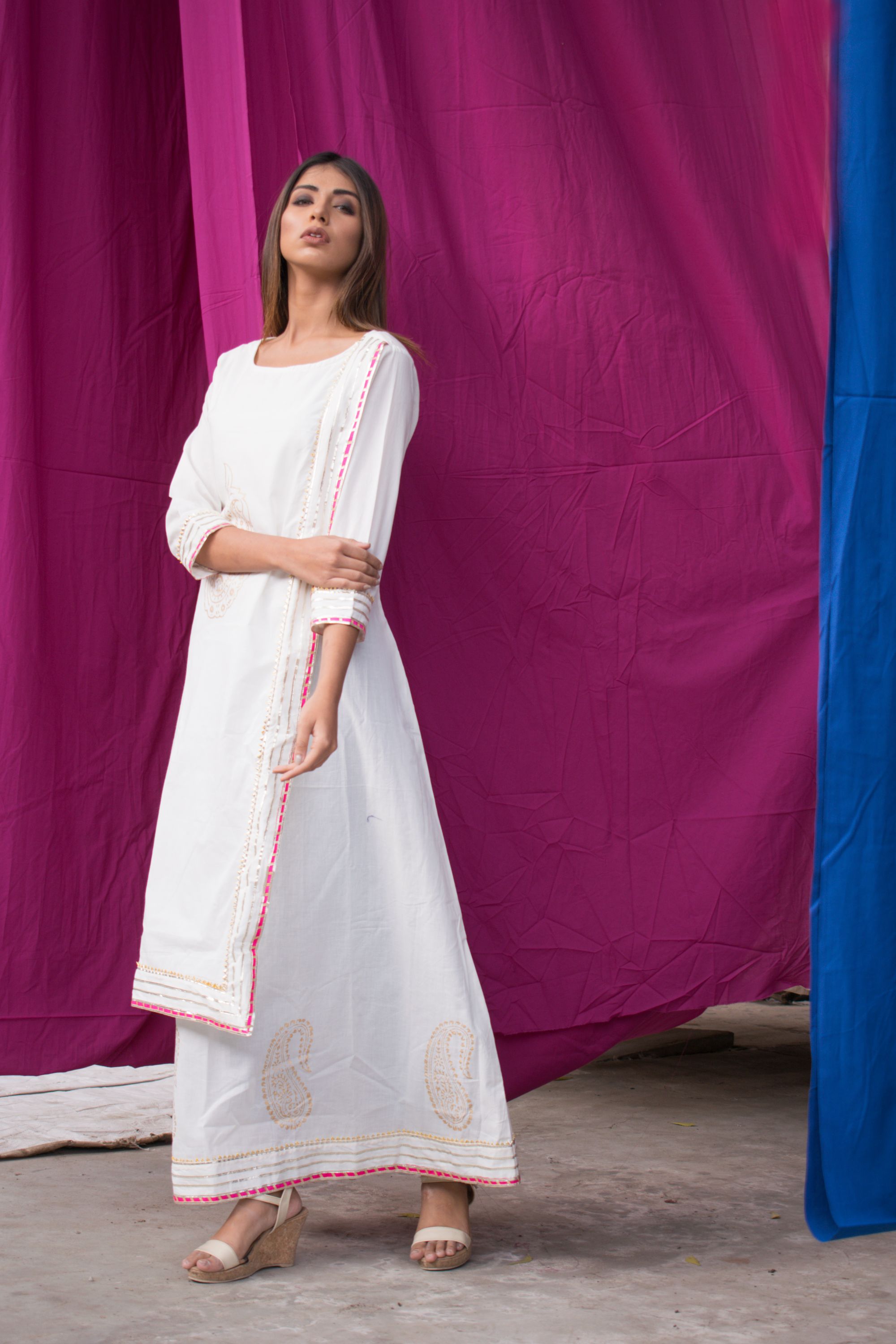 Women's Single-Piece White Cotton Dress With Hand Block Printed Motifs. - Saras The Label