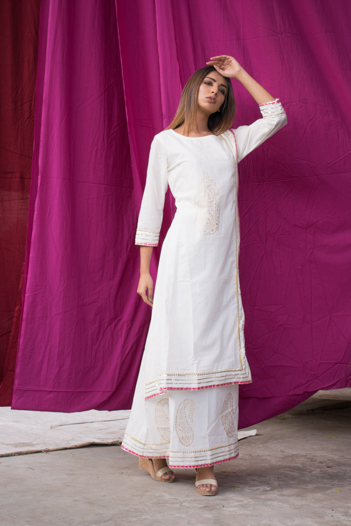 Women's Single-Piece White Cotton Dress With Hand Block Printed Motifs.