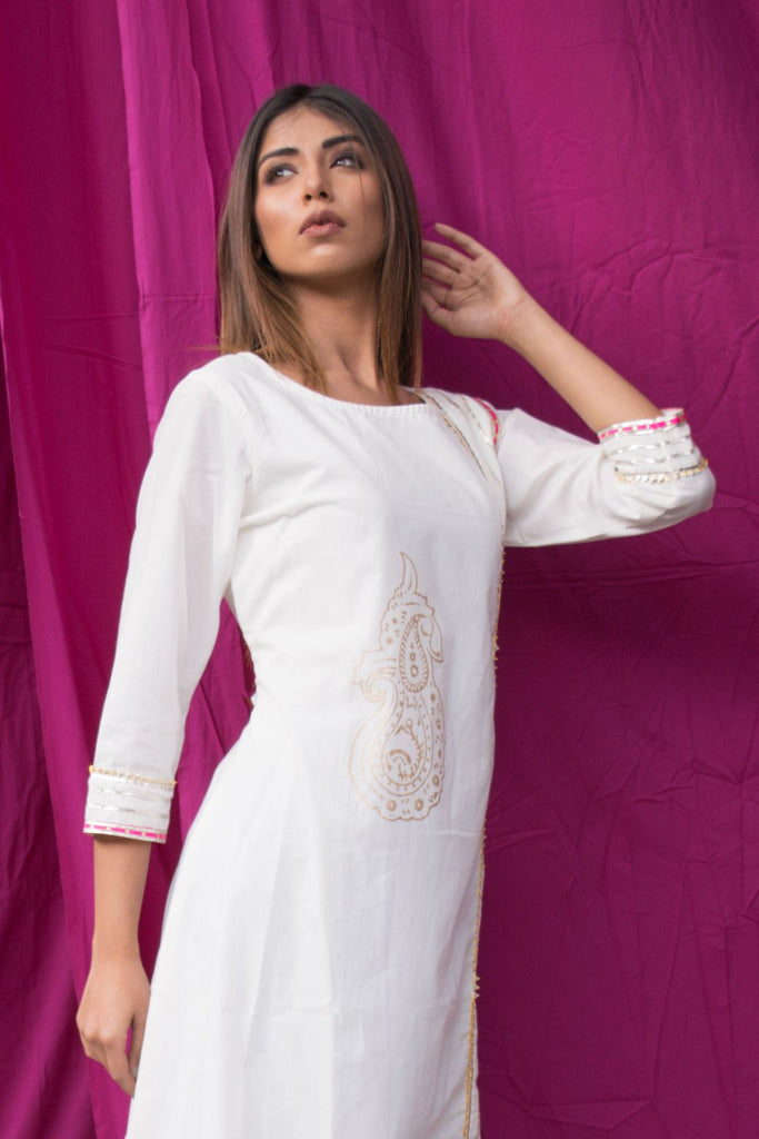 Women's Single-Piece White Cotton Dress With Hand Block Printed Motifs.