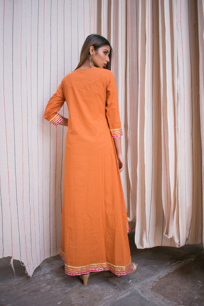 Women's Single-Piece Orange Cotton Dress With Hand Block Printed Motifs.