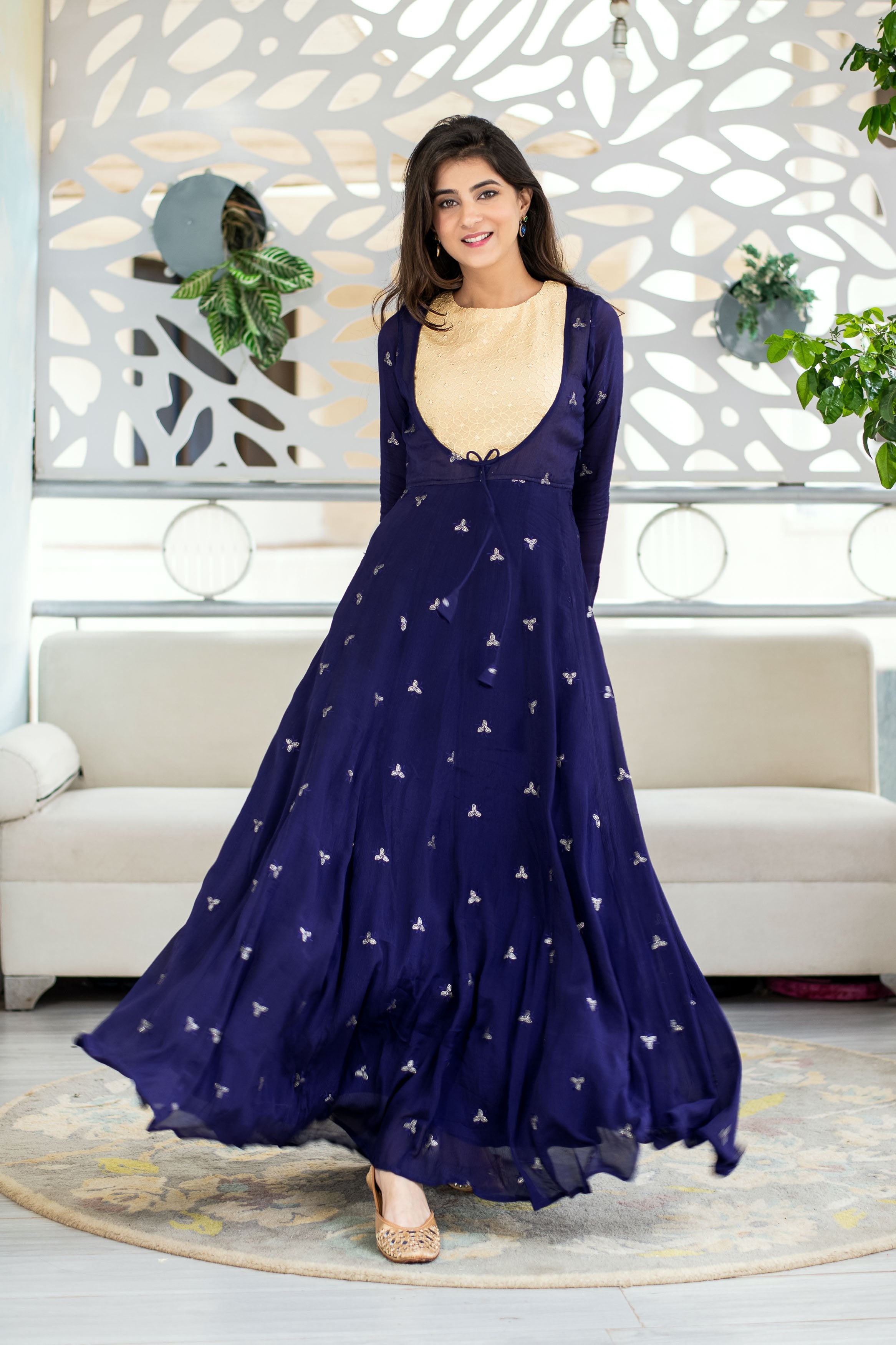 Women's Deep Blue and Beige Gown by Label Shaurya Sanadhya