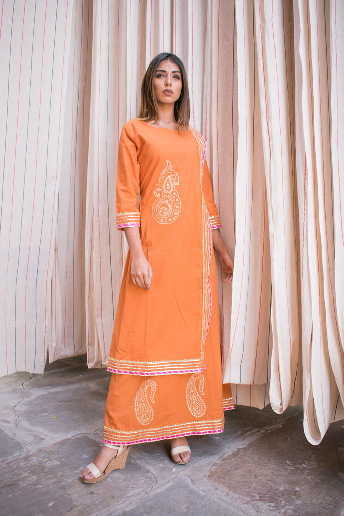 Women's Single-Piece Orange Cotton Dress With Hand Block Printed Motifs.