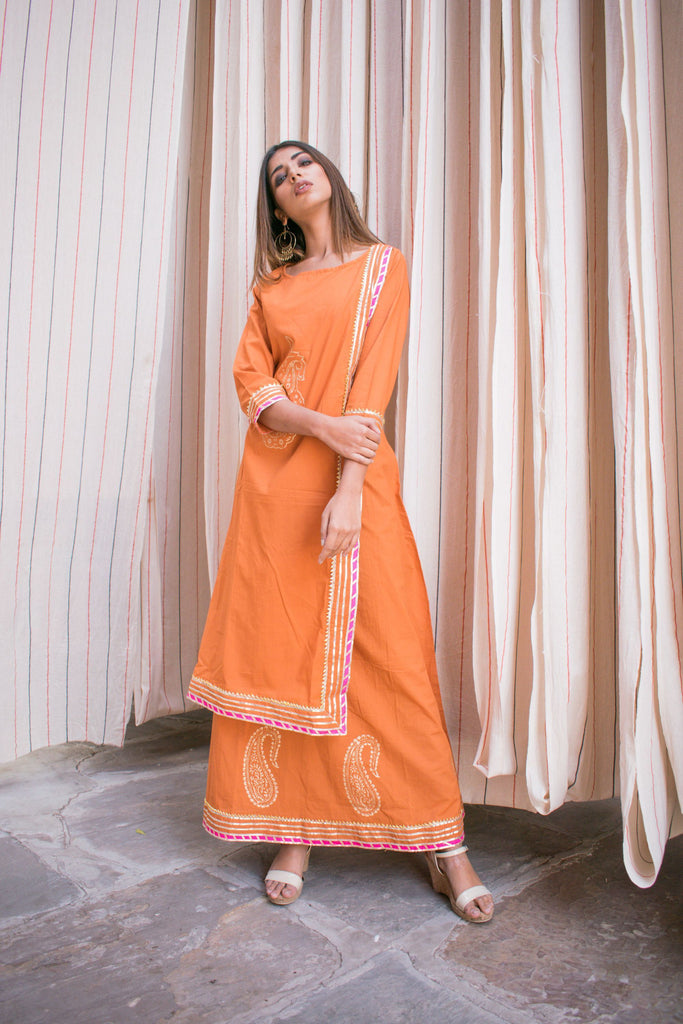 Women's Single-Piece Orange Cotton Dress With Hand Block Printed Motifs.