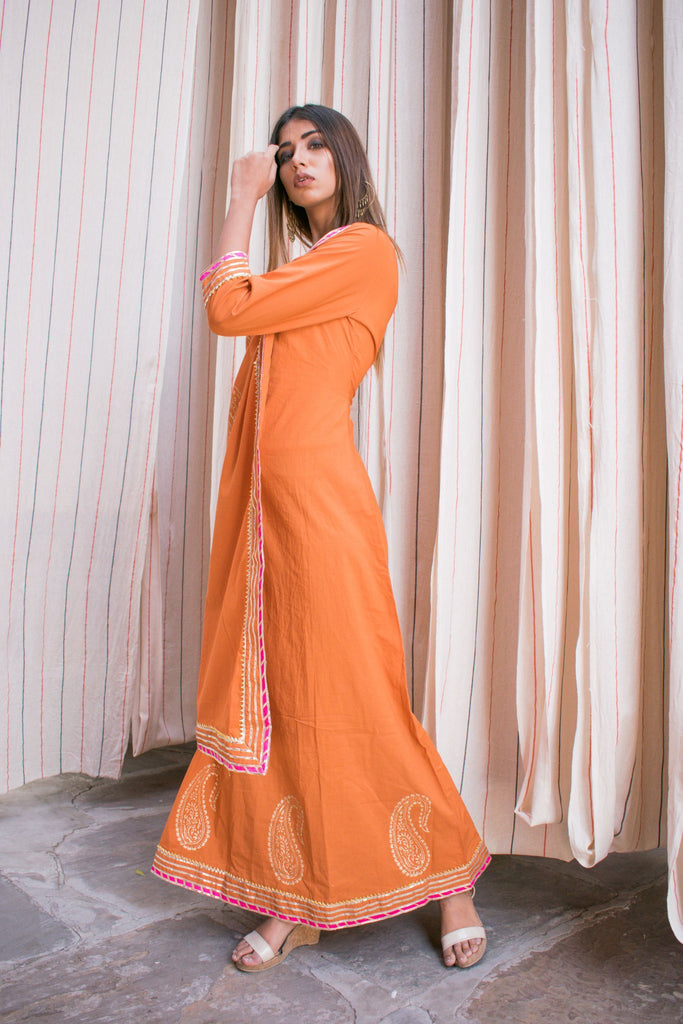 Women's Single-Piece Orange Cotton Dress With Hand Block Printed Motifs.