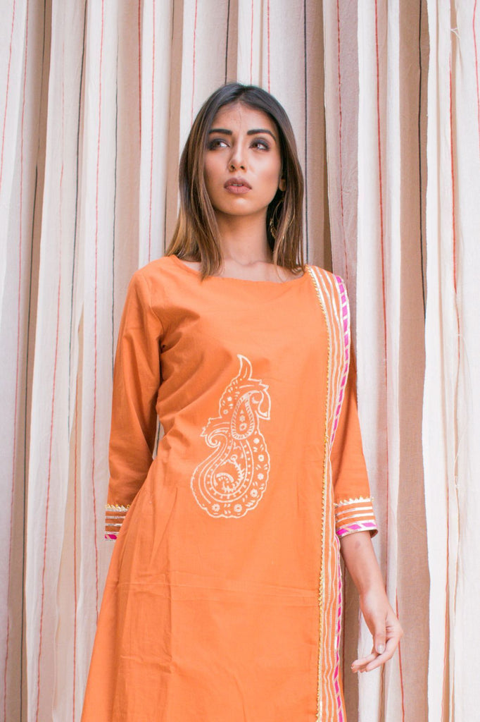 Women's Single-Piece Orange Cotton Dress With Hand Block Printed Motifs.