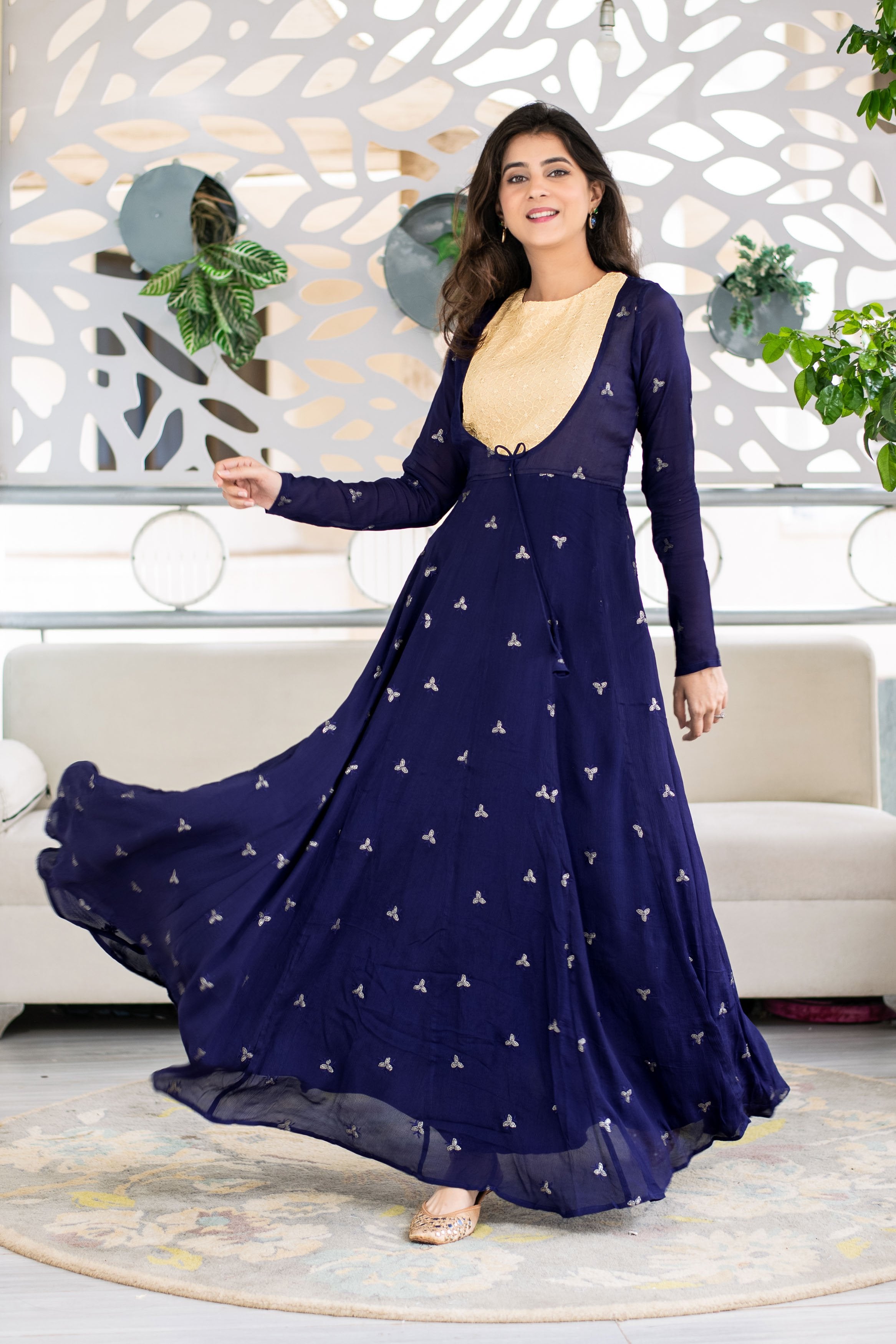 Women's Deep Blue and Beige Gown by Label Shaurya Sanadhya