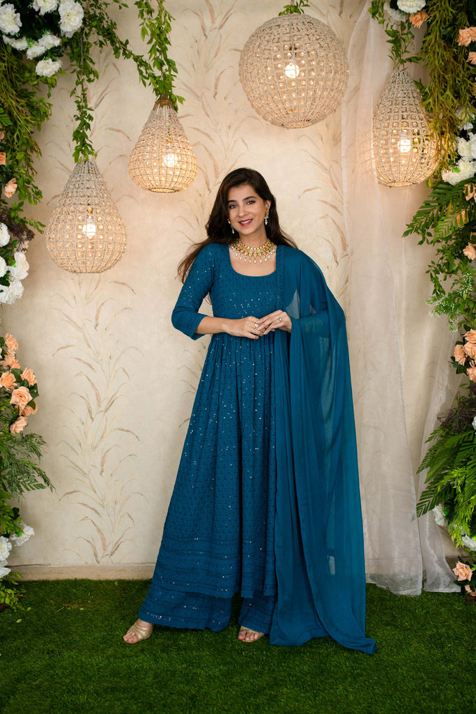 Women's Teal Blue Anarkali With Palazzo