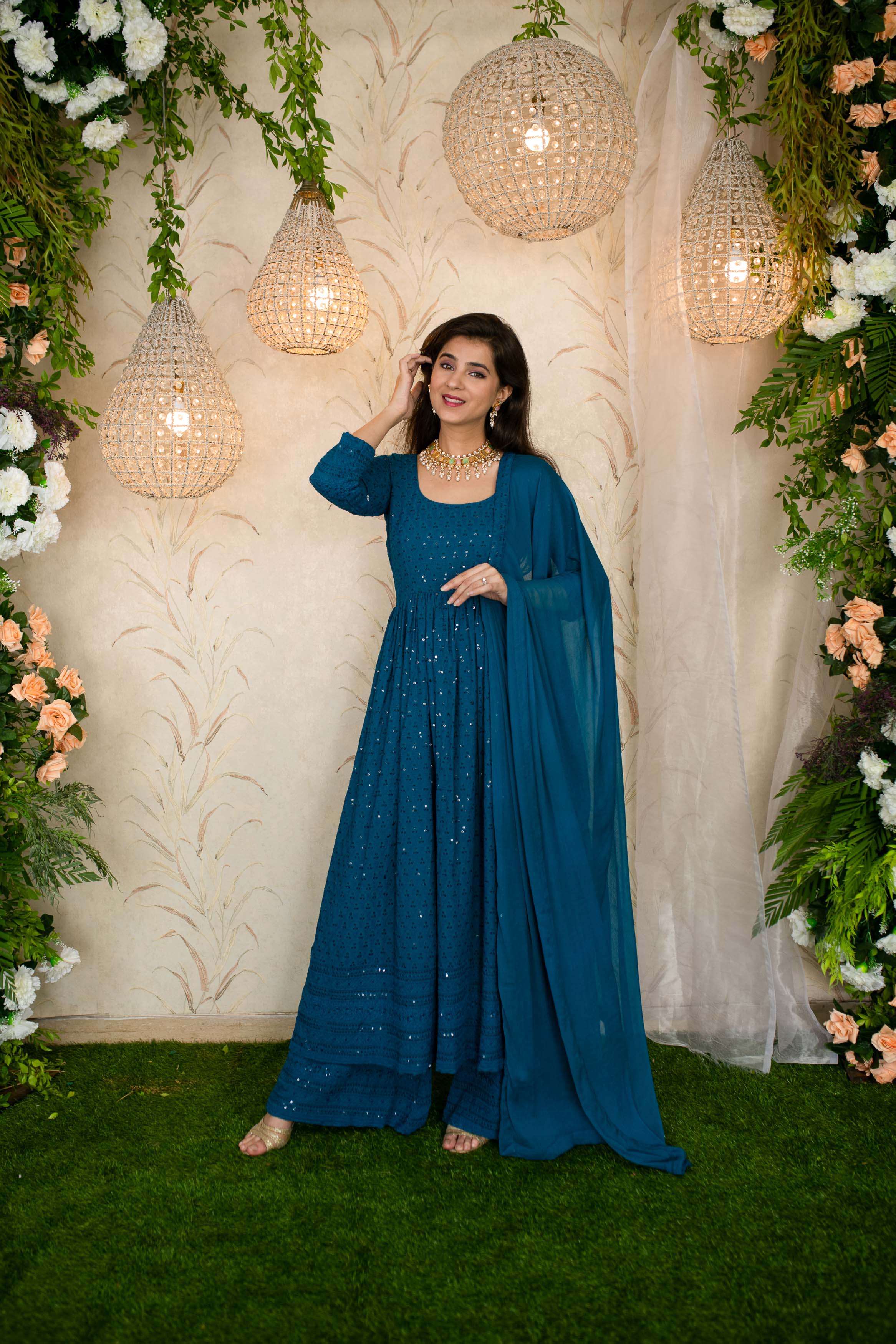 Women's Teal Blue Anarkali With Palazzo - Label Shaurya Sanadhya