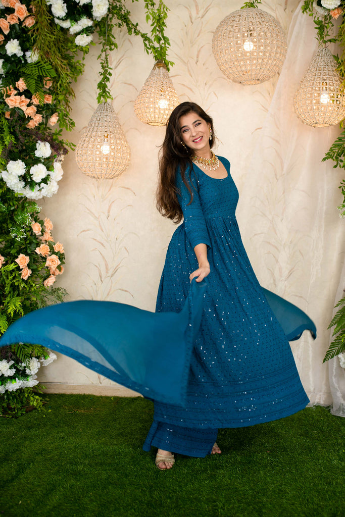 Women's Teal Blue Anarkali With Palazzo