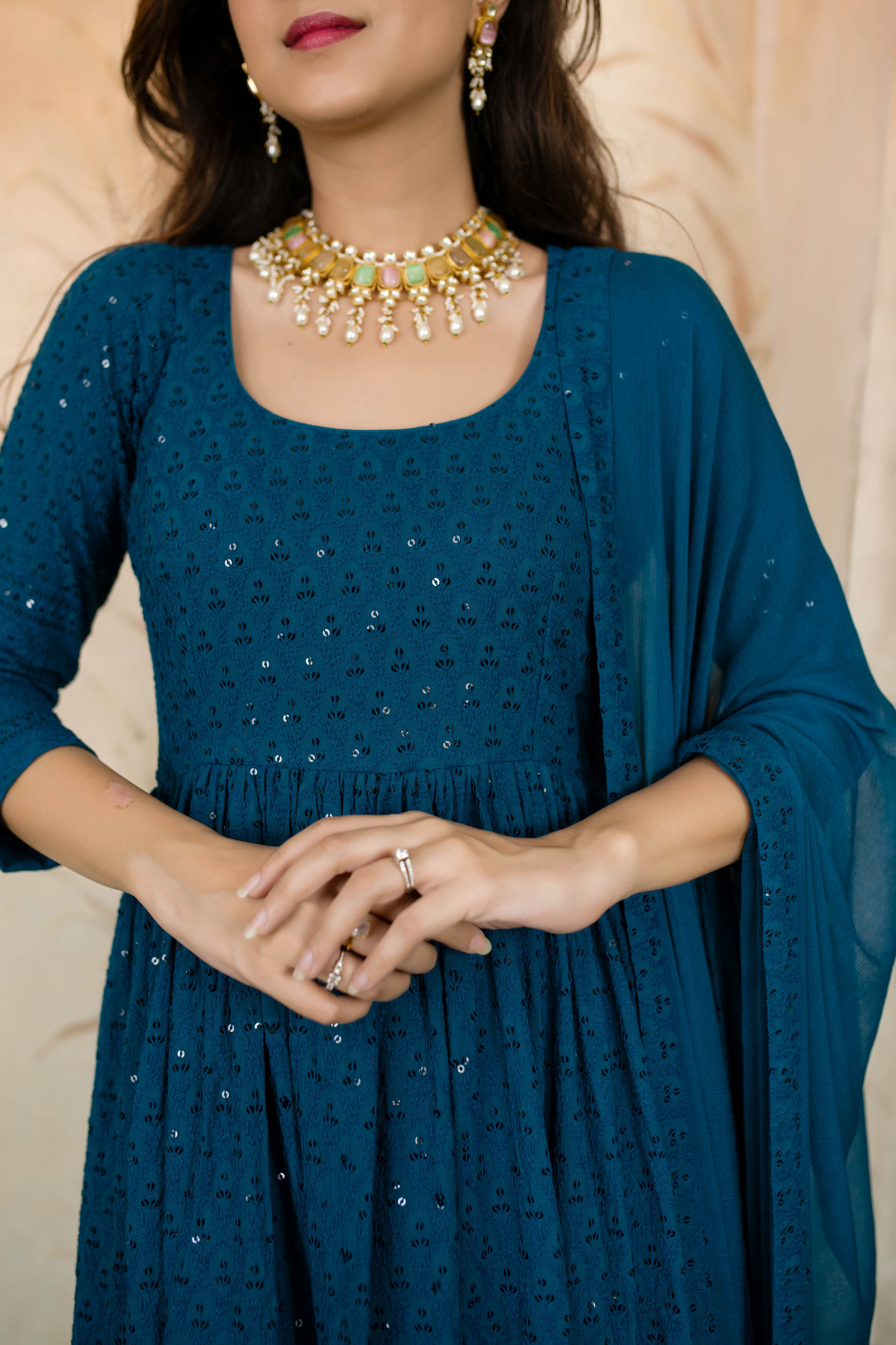 Women's Teal Blue Anarkali With Palazzo - Label Shaurya Sanadhya