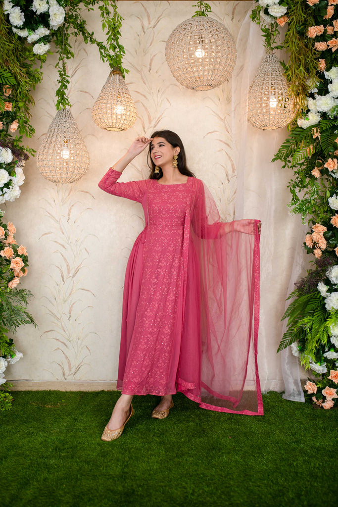 Women's Blush Pink Gathered Long Anarkali