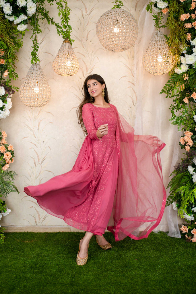 Women's Blush Pink Gathered Long Anarkali