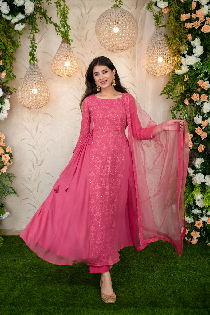 Women's Blush Pink Gathered Long Anarkali