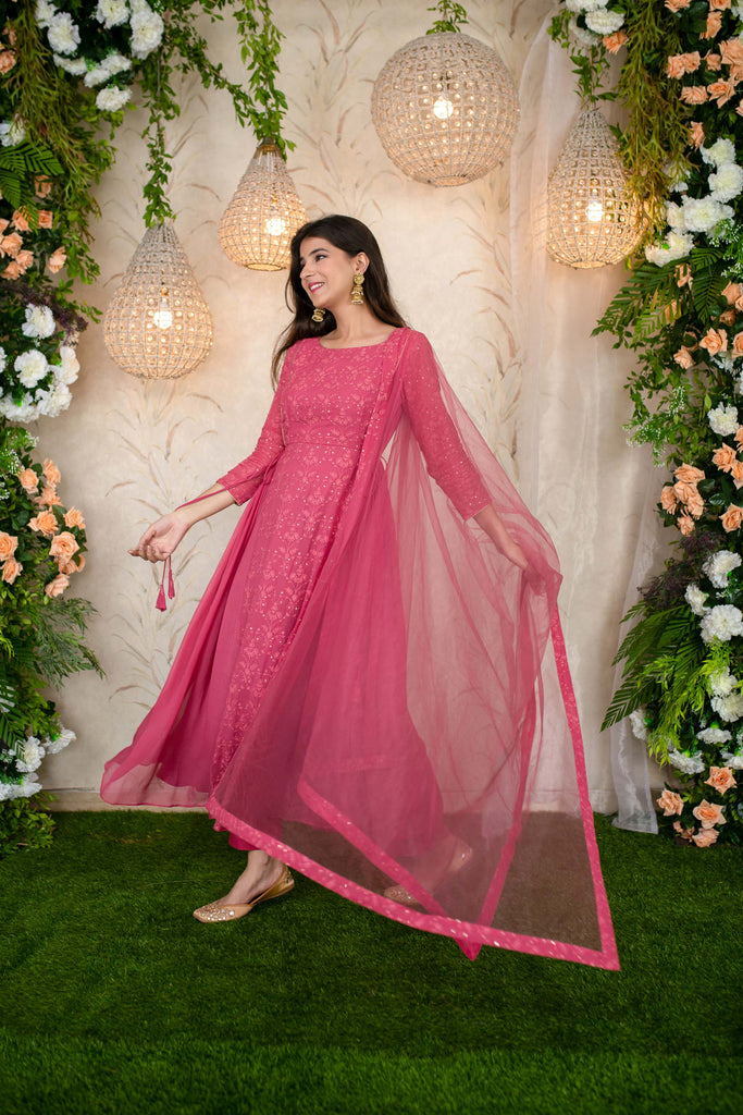 Women's Blush Pink Gathered Long Anarkali