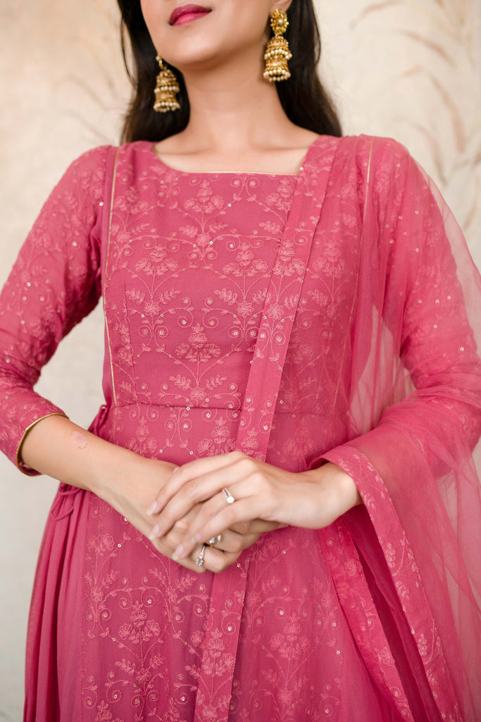 Women's Blush Pink Gathered Long Anarkali